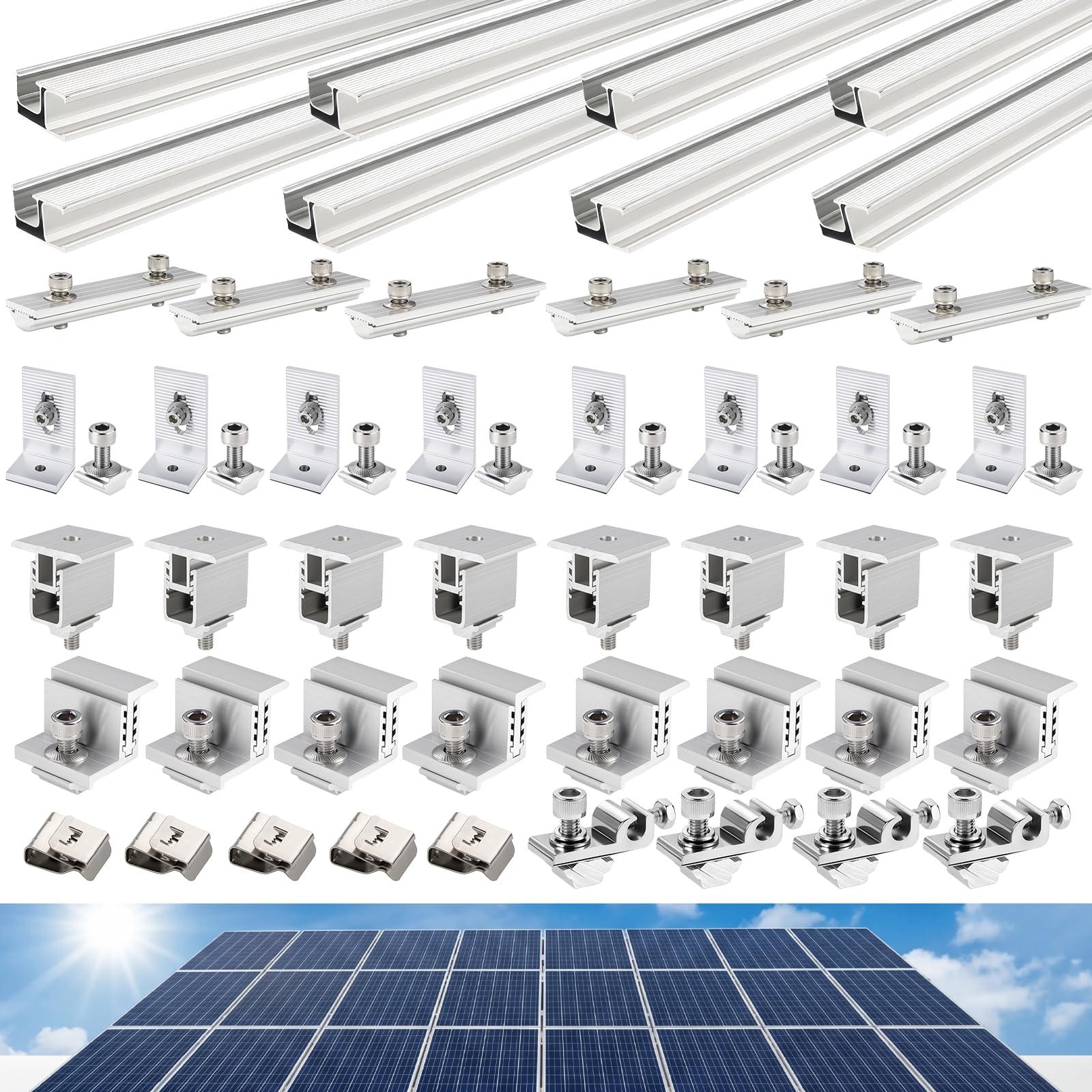 Solar Panel Mounting Rail Kit for 7 x 320W Panels, Includes 12 x 47.2 Aluminum Rails, Adjustable Clamps, L-Brackets & Wire Clips, Heavy Duty Racking for Metal, Tile, Shingle Roof