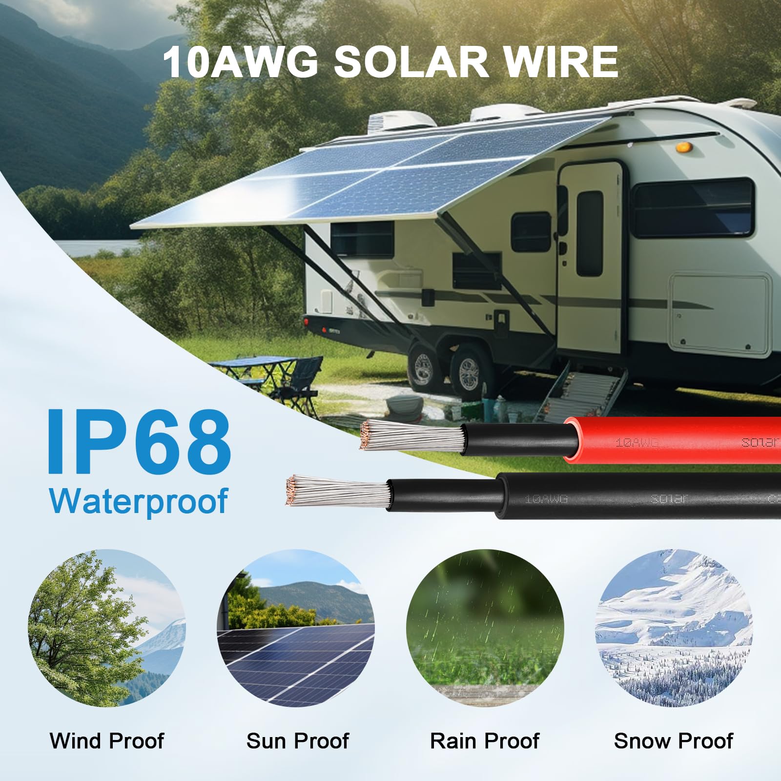 Solar Panel Wire 10 AWG(6mm²) - Solar Extension Cable 100Ft Black & 100Ft Red 10 Gauge Tinned Copper PV Wire for Outdoor Automotive RV Solar Panel Boat Marine (Black+Red)