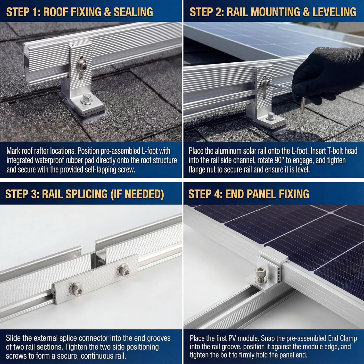 Solar Panel Mounting Rail Kit for 7 x 320W Panels, Includes 12 x 47.2 Aluminum Rails, Adjustable Clamps, L-Brackets & Wire Clips, Heavy Duty Racking for Metal, Tile, Shingle Roof