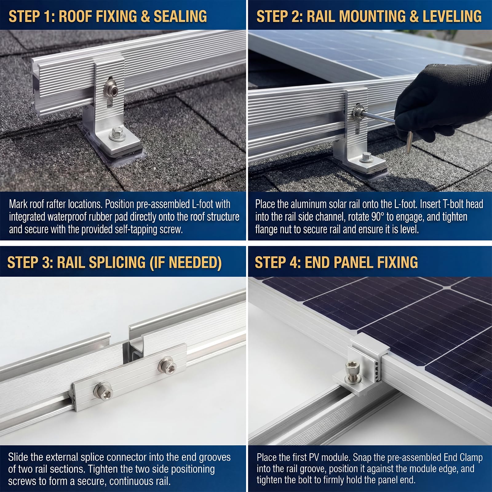 Solar Panel Mounting Rail Kit for 7 x 320W Panels, Includes 12 x 47.2 Aluminum Rails, Adjustable Clamps, L-Brackets & Wire Clips, Heavy Duty Racking for Metal, Tile, Shingle Roof