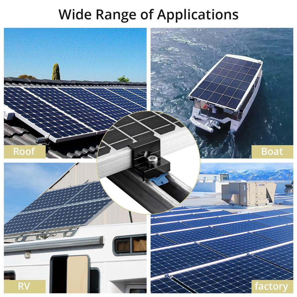 Anbte 10pcs Solar Panel End Clamp for Standard Unistrut, Aluminum 30mm/35mm Solar Panel Brackets with Nuts Bolts, Solar Panel Mounting Kit for Metal Roof, Tin Roof, Flat Roof, Sheet Roof, Black