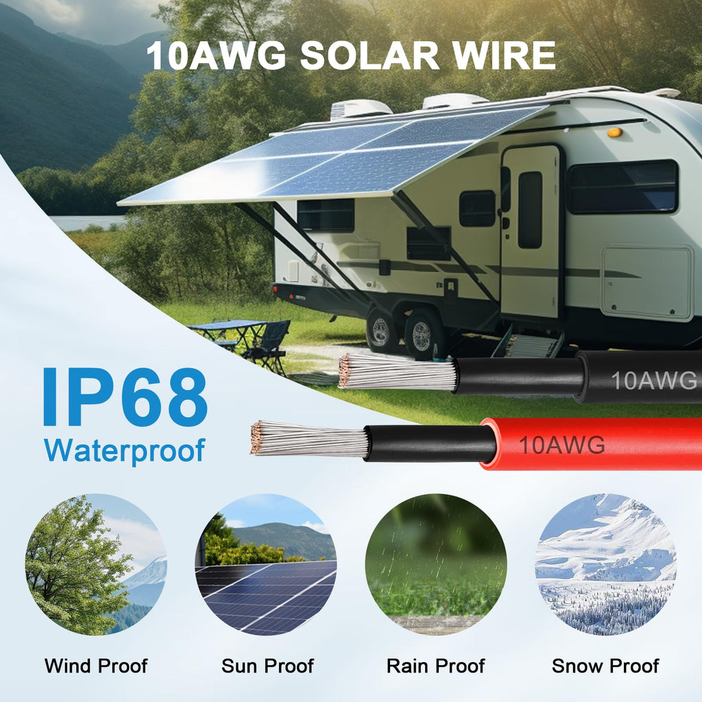 Solar Panel Wire 10 AWG(6mm²) - Solar Extension Cable 100Ft Black & 100Ft Red 10 Gauge Tinned Copper PV Wire for Outdoor Automotive RV Solar Panel Boat Marine (Black+Red)
