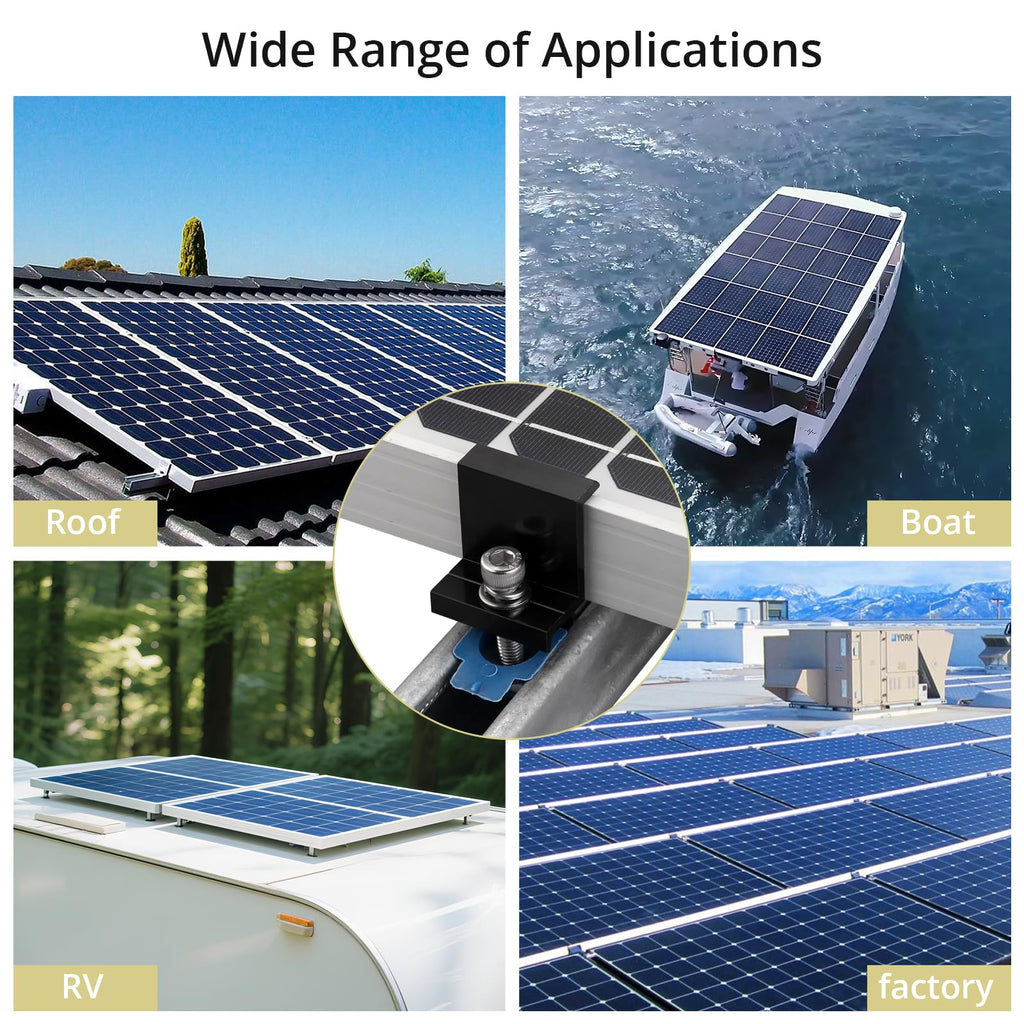 Anbte 10pcs Solar Panel End Clamp for Standard Unistrut, Aluminum 30mm/35mm Solar Panel Brackets with Nuts Bolts, Solar Panel Mounting Kit for Metal Roof, Tin Roof, Flat Roof, Sheet Roof, Black