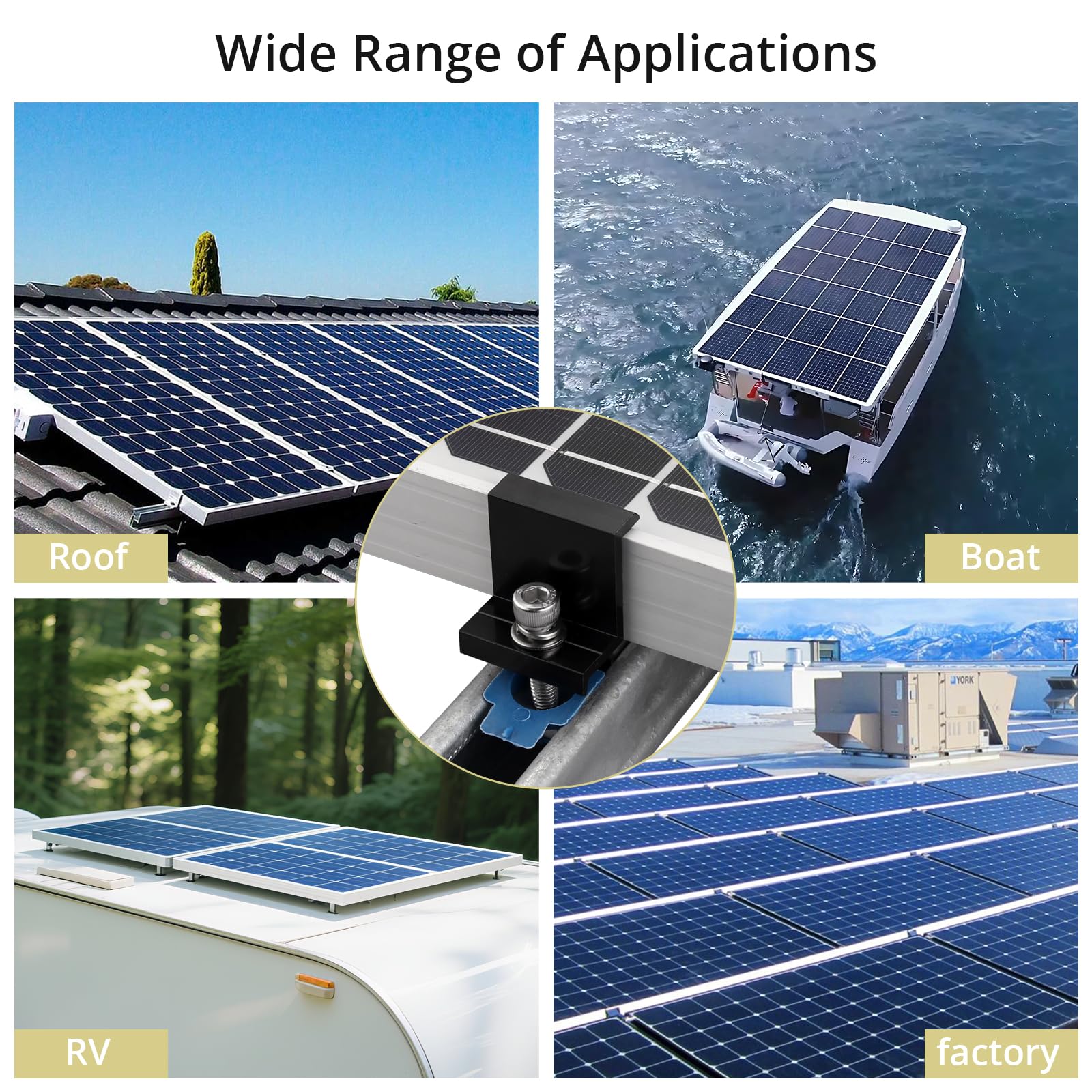 Anbte 10pcs Solar Panel End Clamp for Standard Unistrut, Aluminum 30mm/35mm Solar Panel Brackets with Nuts Bolts, Solar Panel Mounting Kit for Metal Roof, Tin Roof, Flat Roof, Sheet Roof, Black