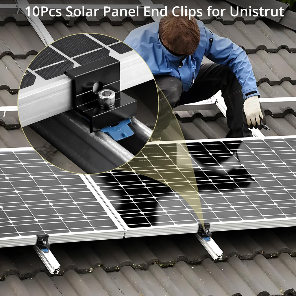 Anbte 10pcs Solar Panel End Clamp for Standard Unistrut, Aluminum 30mm/35mm Solar Panel Brackets with Nuts Bolts, Solar Panel Mounting Kit for Metal Roof, Tin Roof, Flat Roof, Sheet Roof, Black