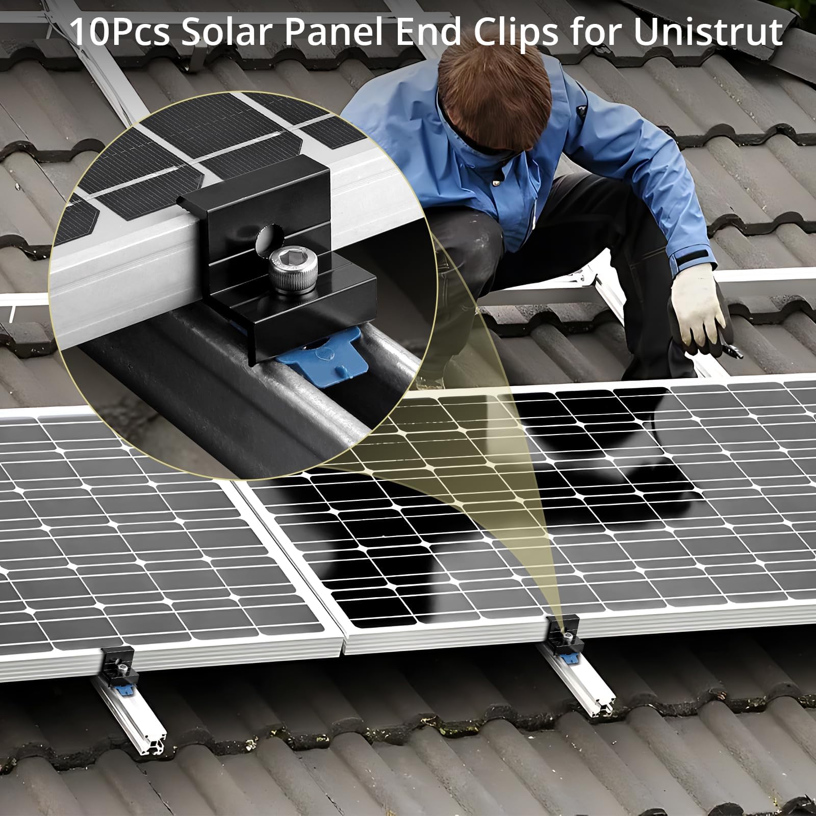 Anbte 10pcs Solar Panel End Clamp for Standard Unistrut, Aluminum 30mm/35mm Solar Panel Brackets with Nuts Bolts, Solar Panel Mounting Kit for Metal Roof, Tin Roof, Flat Roof, Sheet Roof, Black