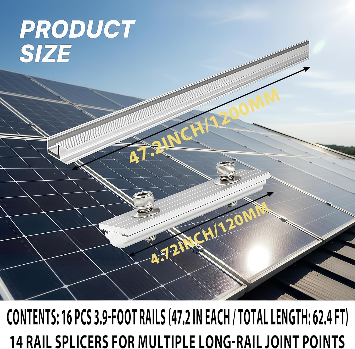Solar Panel Mounting Rail Kit for 7 x 320W Panels, Includes 12 x 47.2 Aluminum Rails, Adjustable Clamps, L-Brackets & Wire Clips, Heavy Duty Racking for Metal, Tile, Shingle Roof