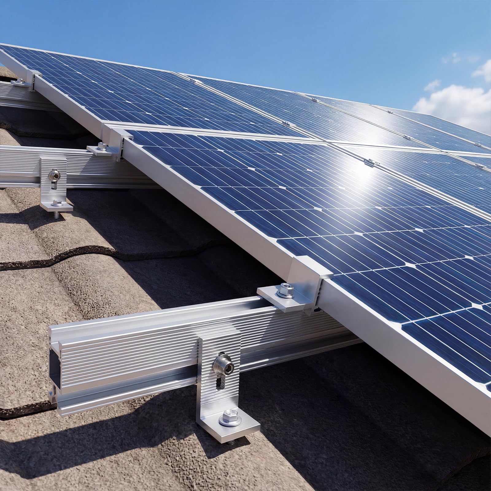 Solar Panel Mounting Rail Kit for 7 x 320W Panels, Includes 12 x 47.2 Aluminum Rails, Adjustable Clamps, L-Brackets & Wire Clips, Heavy Duty Racking for Metal, Tile, Shingle Roof