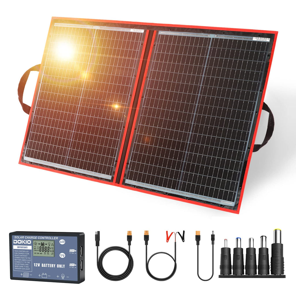DOKIO 300W Portable Foldable Solar Panel Kit, Compact 19.3x37.4in Design 15.2lb with Standalone Controller and USB, Monocrystalline Charger for 12V Batteries, Power Stations, RV Camping Emergency Use