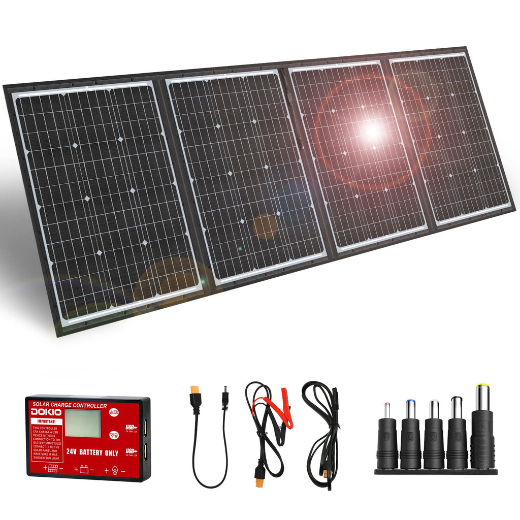 DOKIO 300W Portable Foldable Solar Panel Kit, Compact 19.3x37.4in Design 15.2lb with Standalone Controller and USB, Monocrystalline Charger for 12V Batteries, Power Stations, RV Camping Emergency Use