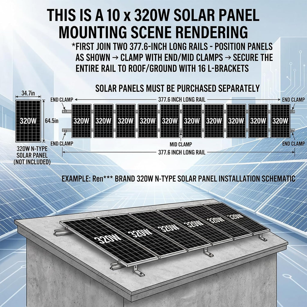 Solar Panel Mounting Rail Kit for 7 x 320W Panels, Includes 12 x 47.2 Aluminum Rails, Adjustable Clamps, L-Brackets & Wire Clips, Heavy Duty Racking for Metal, Tile, Shingle Roof